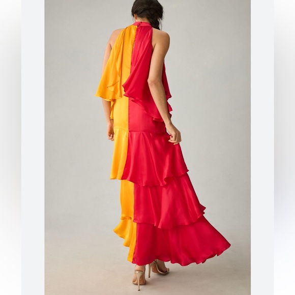 NWT ANTHRO L Pinnacle by Shruti Sancheti Mock-Neck Colorblock Ruffle Dress - Picture 2 of 10